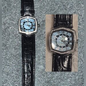 Silver and Black Watch with Opal Dial